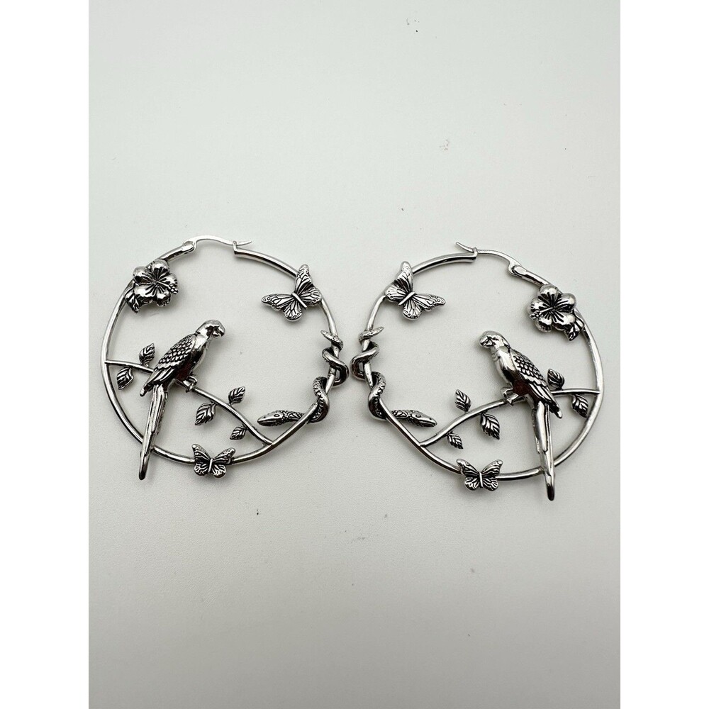 Silver Tone Bird Butterfly Snake Hoop Earrings